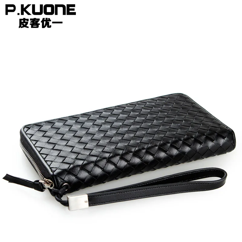 

MEN'S Handbag Weaving Leather Wallet Cool Long Zipper Wallet Sheepskin Card Clamp Purse