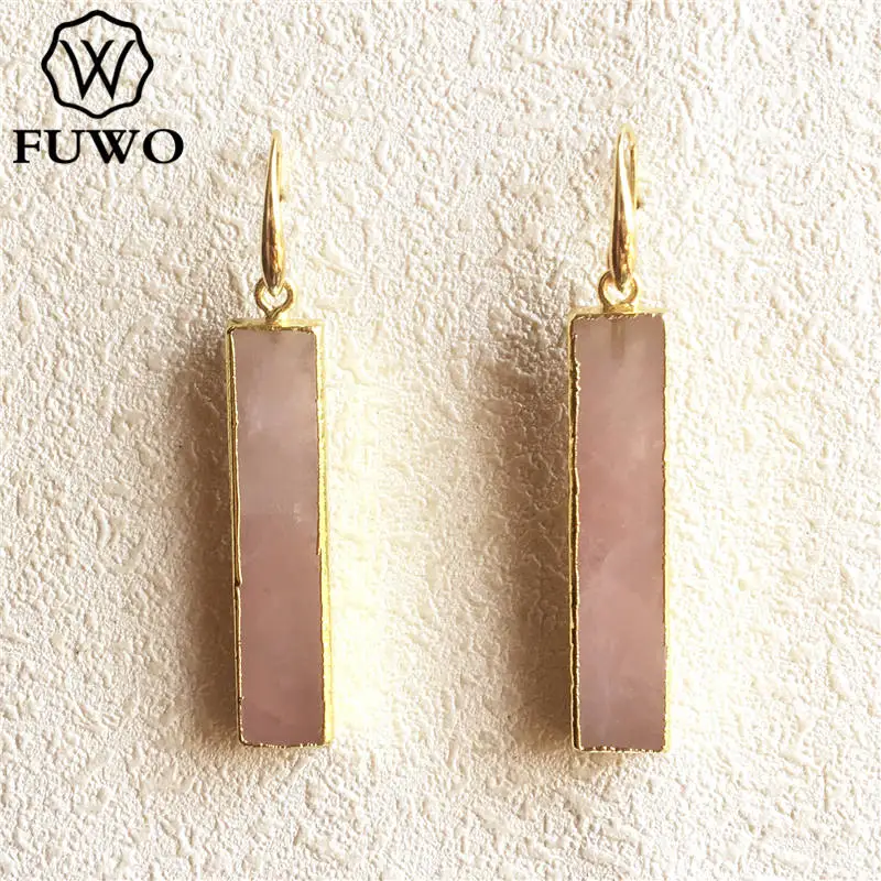 FUWO Wholesale Natural Rose Quartzs Drop Earrings,Golden Plated Rectangle Pink Crystal Jewelry For Women Gift 5Pairs/Lot ER226