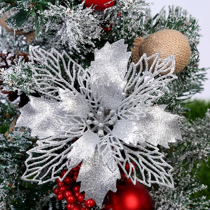 5PCS Hollow Artificial Christmas Flowers Glitter Tree Garland Fake Flower Decorations For Home Gift Xmas Ornament - Цвет: 5pcs Silvery