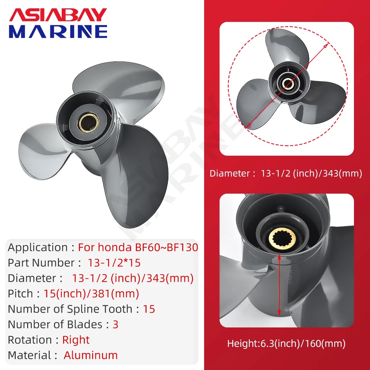 13 1/2*15 For Honda Outboard Propeller 60hp 75hp 90hp 115hp 130hp Boat Motor Aluminum Alloy Screw 3 Blade Marine Engine Parts