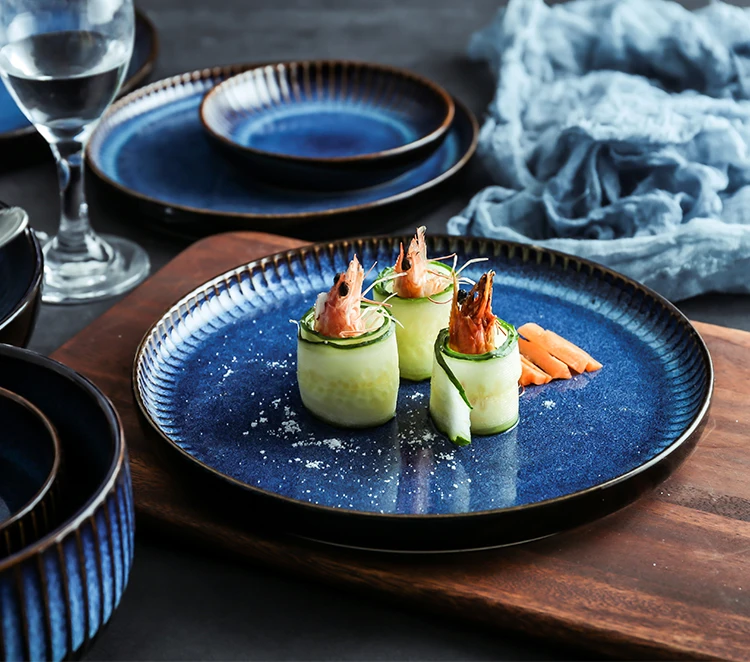 ANTOWALL Creative Nordic ceramic plate blue stripe flat plate household ceramic plate western plate pasta steak plate