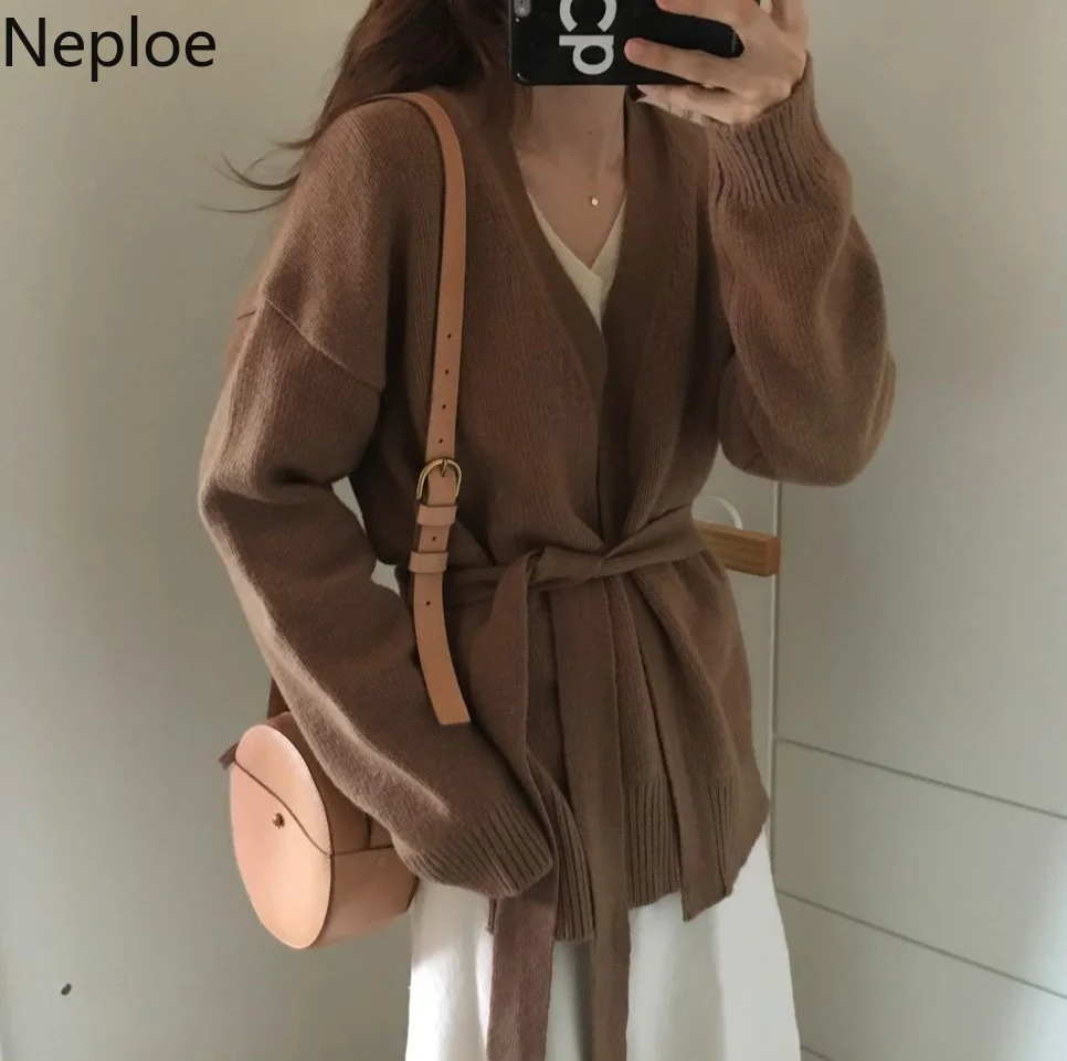 

Neploe Women Sweater Cardigans 2019 Knitting Autumn Winter Lace Up Belt Loose Knit Jacket Korean Casual Knitwear Outwear 54640