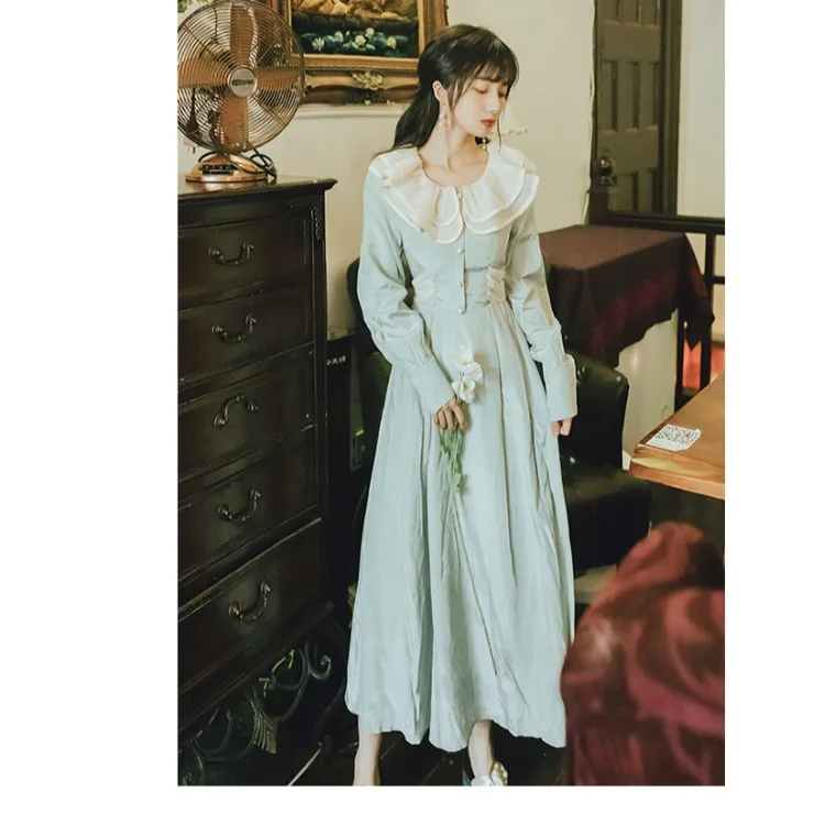 

2019 Autumn And Winter New Style French Palace Retro High-waisted Slimming Peter Pan Collar Long Dress Immortal Formal Dress