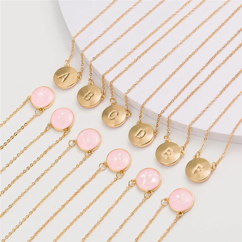 

Double Sided 26 Letters A -Z Round Pink Shell Silver Gold Metal Color Chain Necklace Initial Letter Pendant Necklaces for Women