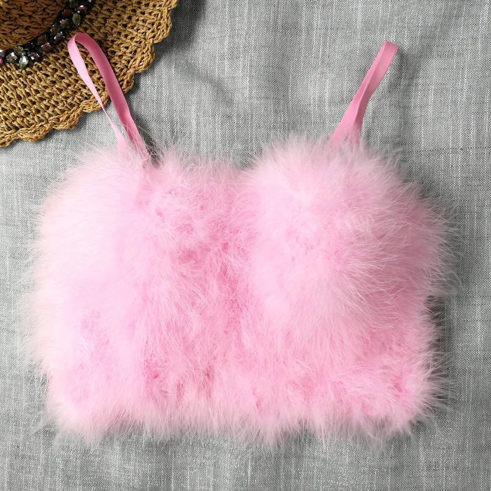 Faux Fur Solid Pink Performance Crop Top To Wear Out Autumn Corset Top Sexy Tops Women Bra Push Up Bustier Female Tops Mujer white bra
