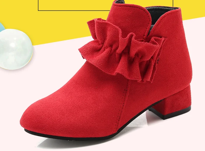 Children Kids Winter Boots Fashion Cute Flowers Flock Zippers Ankle Boots Low Heels Square Round Toe Warm Shoes pink red black - Цвет: red no fur