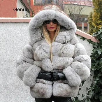 

Luxury Faux Fox Fur Coat Women Short Winter Jacket with Big Fur Hood Thick Warm Overcoat 2020 New Fashion Flurry Fake Fur Coats