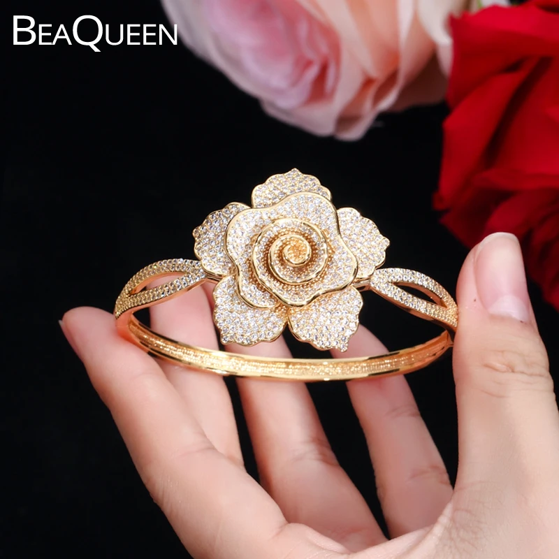

BeaQueen Nigerian African Gold Color Open Cuff Bangles Elegant Big Flower Micro Pave Cubic Zirconia Stone Women Jewelry B148