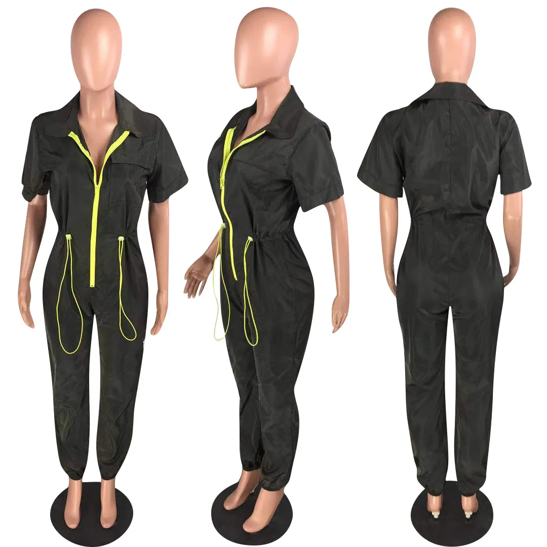 HAOYUAN Casual Short Sleeve Jumpsuit Fall Tracksuit Zip Turn Down Collar Fashion One Piece Outfit Rompers Womens Jumpsuit