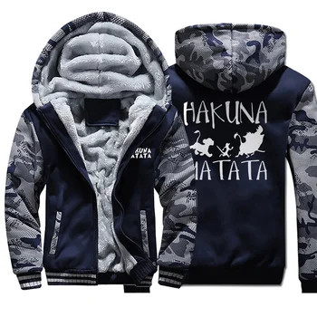 

Men hakuna matata print hooded hoodie camouflage plus velvet padded sweatshirt 2019 autumn winter funny streetwear male jackets