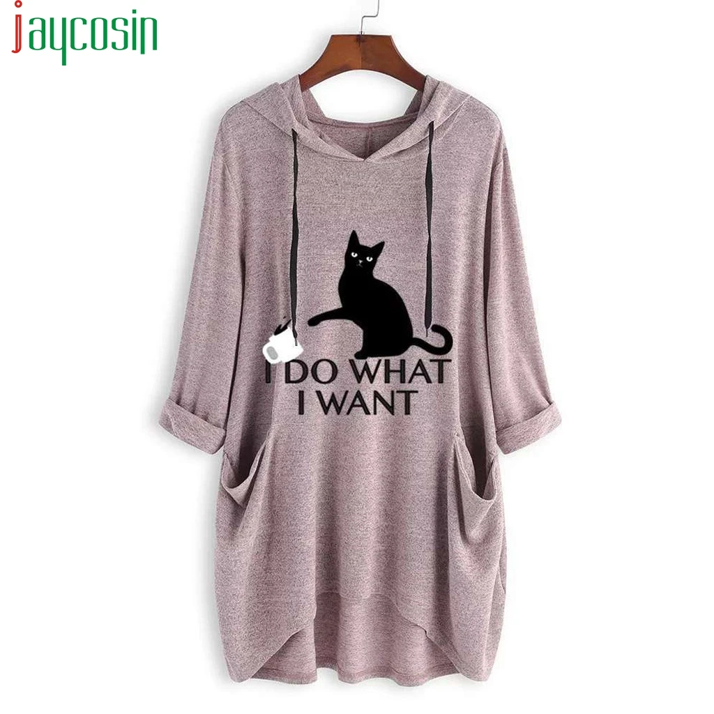 

Tops T-Shirt Women Casual Print Cat Ear Hooded T-Shirt Loose Long Sleeves Pocket Irregular fashion new plus size tops femme