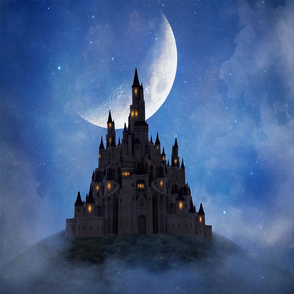 

Halloween photography background Dark Blue night full moon Starlight castle backdrop professional photocall studio props