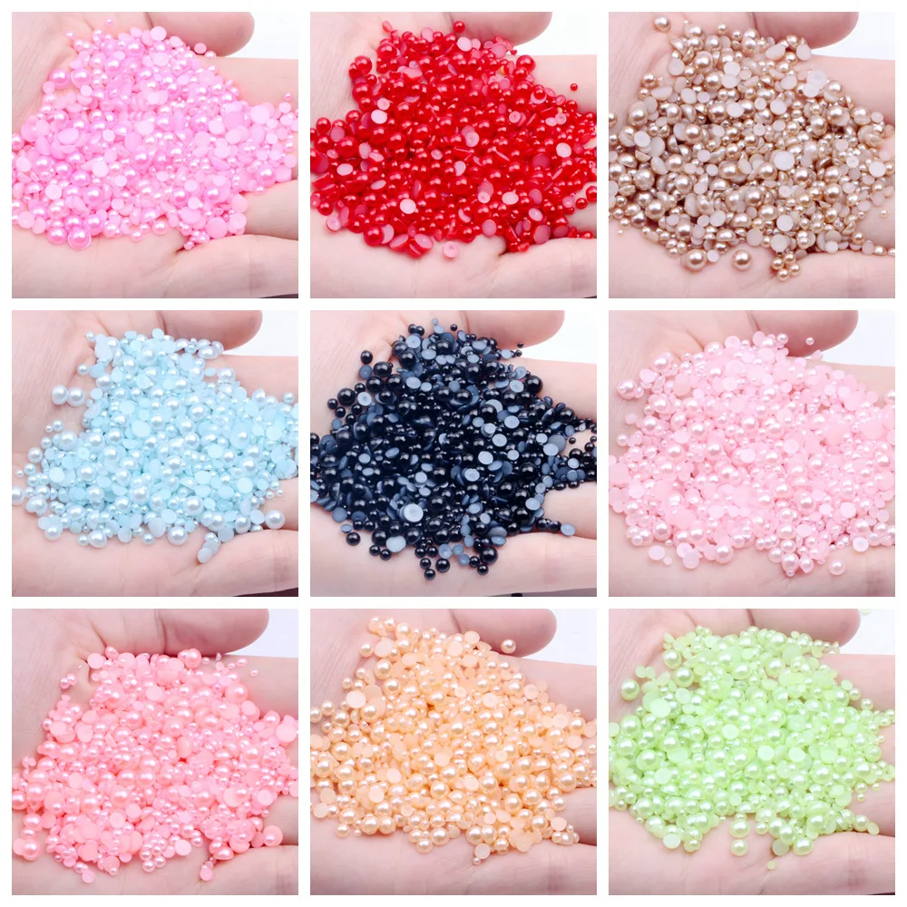 하프 라운드 모조 진주 비즈, 플랫백 새틴 광택, ABS 모듬 플라스틱 비즈, 공예 DIY, 3mm, 4mm, 6mm, 8mm, 9mm, 10mm, 12mm, 14mm, 50-1000 개