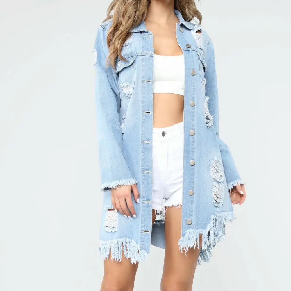 Light Blue Женские рваные джинсы с заплатками, потертые Длинные куртки, пальто, верхняя одежда, женские однобортные пальто с длинным рукавом s-xxxl - Цвет: Light Blue