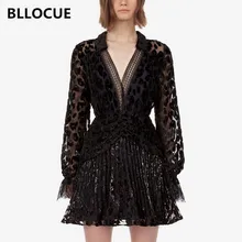 BLLOCUE платье с автопортретом весеннее бархатное лоскутное кружевное леопардовое черное платье женское сексуальное плиссированное платье с глубоким v-образным вырезом