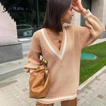 

Fitshinling V Neck Sweater Pullover Women Clothing 2019 Casual Striped Slim Jumper Knitwear Long Sleeve Sweaters Ladies Clothes