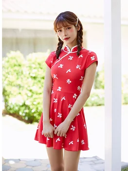 

2019 one piece red swimsuit women swimwear Chinese qipao style monokini bodysuit mandarin collar bathing suit backless swimdress