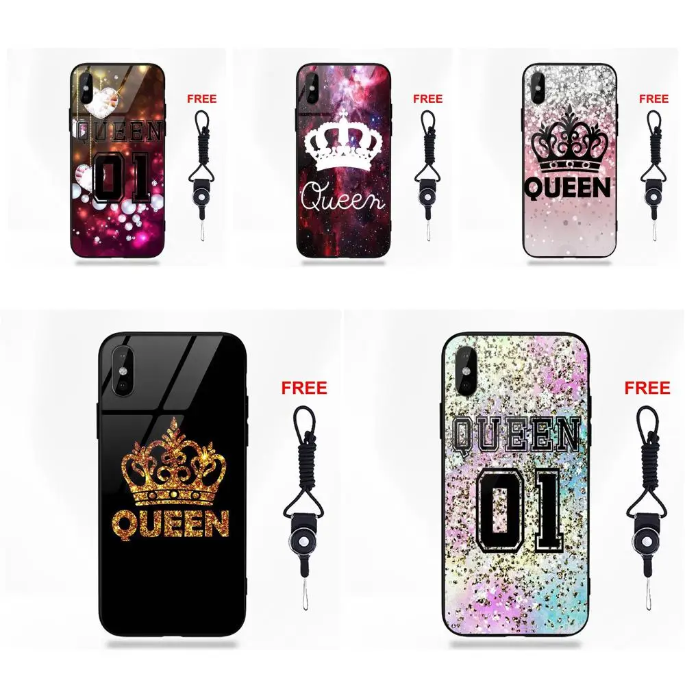 cheap Princess King Queen For Apple iPhone 5 5C 5S SE 6 6S 7 8 Plus X XS Max XR Silicone TPU Frame Tempered Glass Phone Case Coque