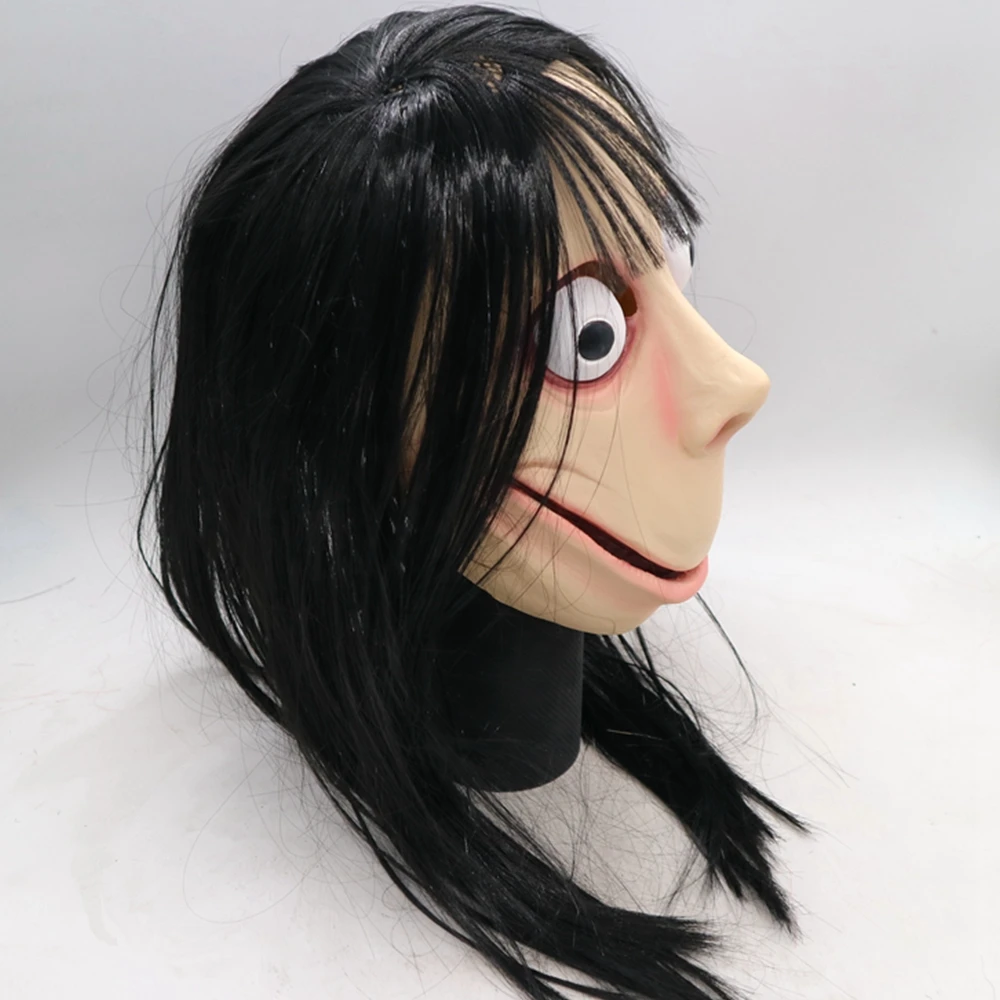 Momo маска взлом вызов КИТ игра Momo маска большие глаза с длинным париком Хэллоуин страшный Латекс Косплей полная голова лицо
