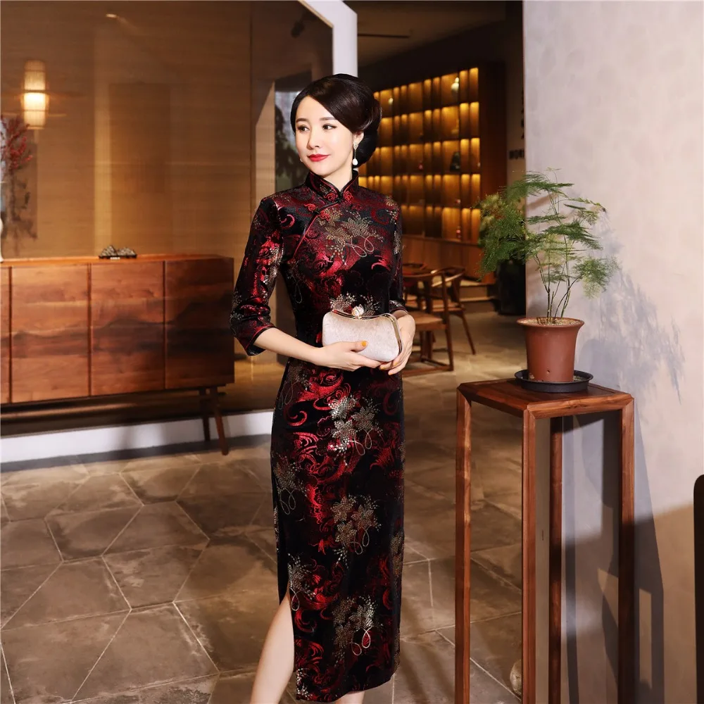 Шанхай история дешевые бархат Cheongsam китайское платье вышивка Qipao длинное для женщин