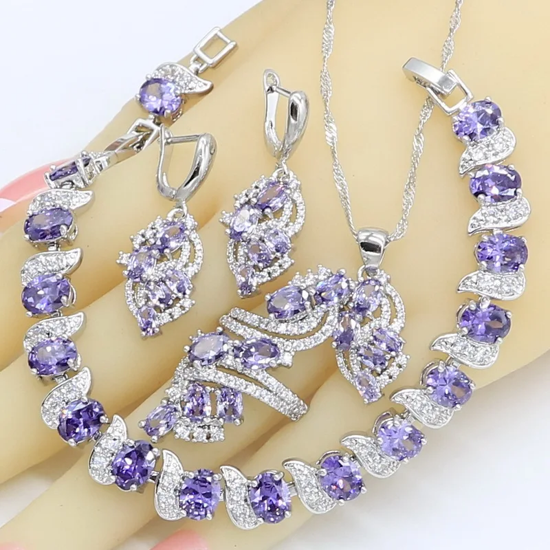 Very beautiful Purple Amethyst Set 925 Silver Necklace Earrings Ring Bracelet 