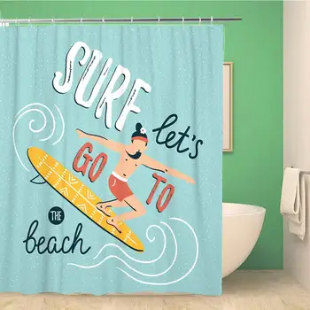 

Bathroom Shower Curtain Young Man Surfboard Summer Lettering Surf Let Go 72x72 inches Waterproof Bath Curtain Set with Hooks