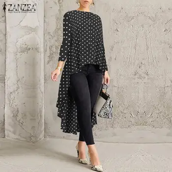 

Stylish Asymmetrical Hem Blouse ZANZEA Women Long Sleeve Spring Polka Dot Shirts High Low Tunic Tops Chemise Blusas Femininas