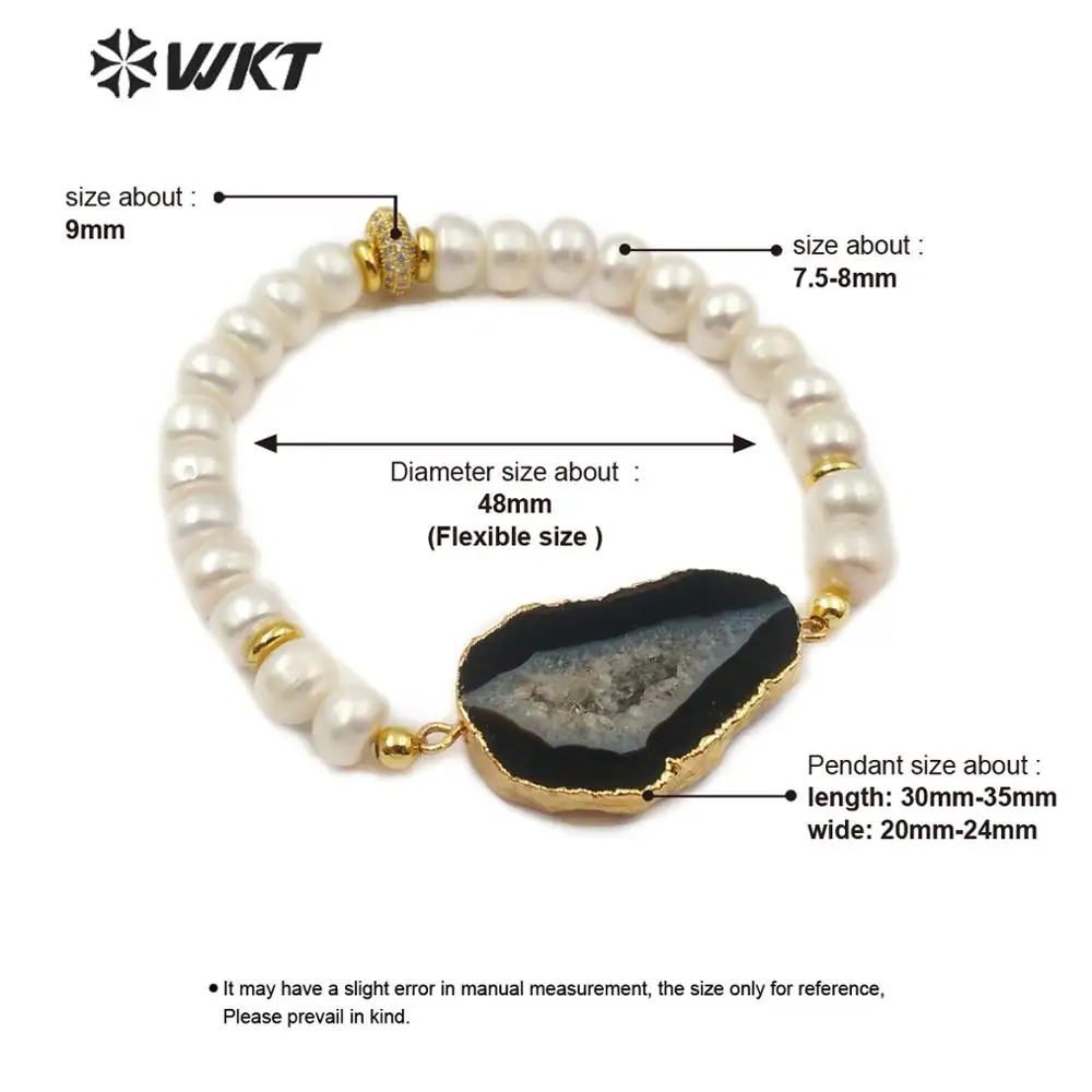 Фото WT-B492 жарко! Натуральный белый браслет из черных жемчужин geode каменные бусины с золотой отделкой бохо стиль женский браслет ювелирные изделия №5
