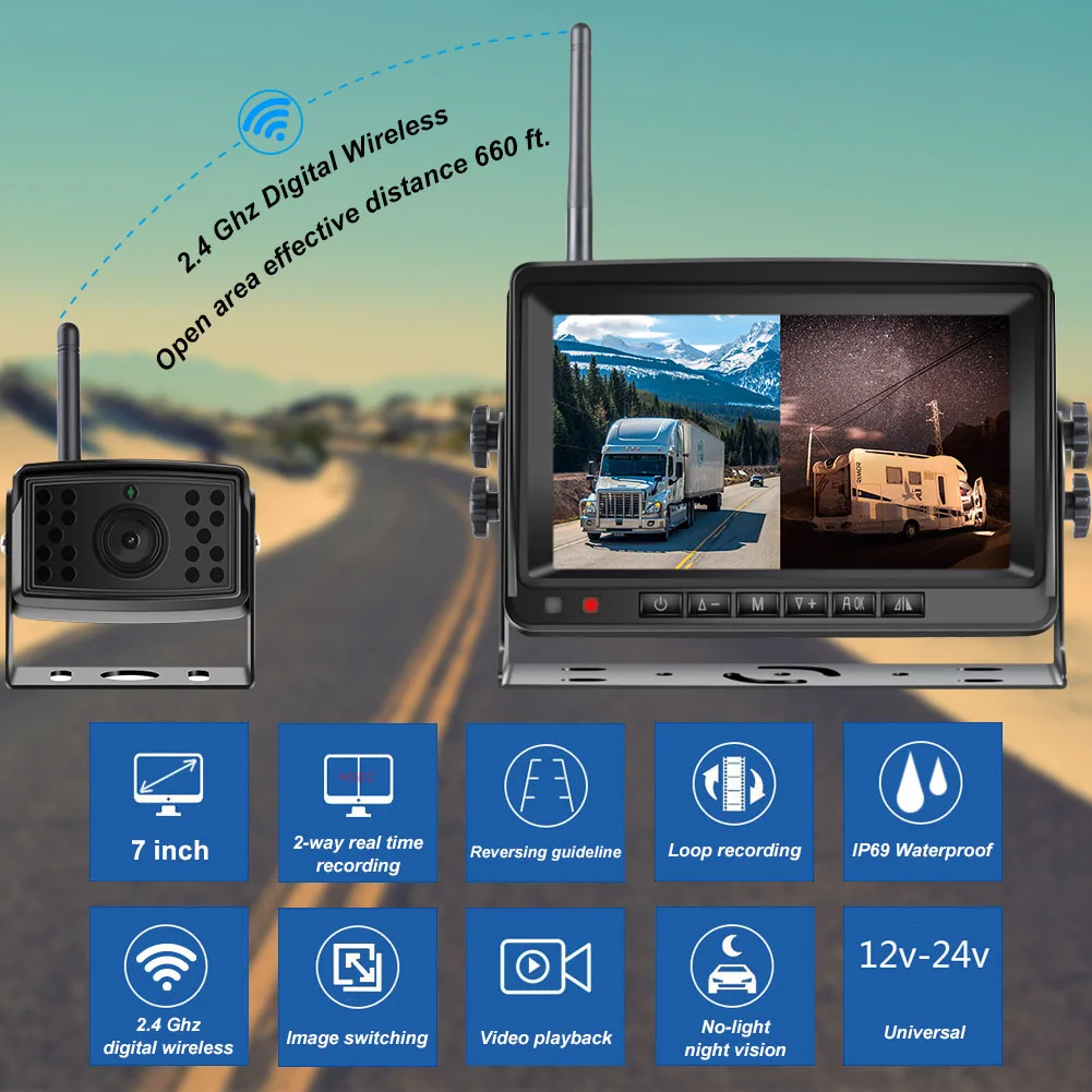 2ch AHD Wireless Truck DVR Car Monitor Car Display Screen 7" IR Night Vision Reverse Backup Recorder Wifi Camera For Bus RV