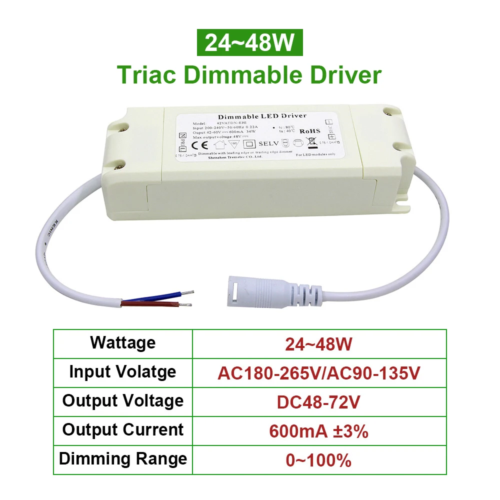 24 ~ 48 Вт Triac led driver dimming пластиковый корпус AC110V 220 В DC48 72V трансформатор освещения