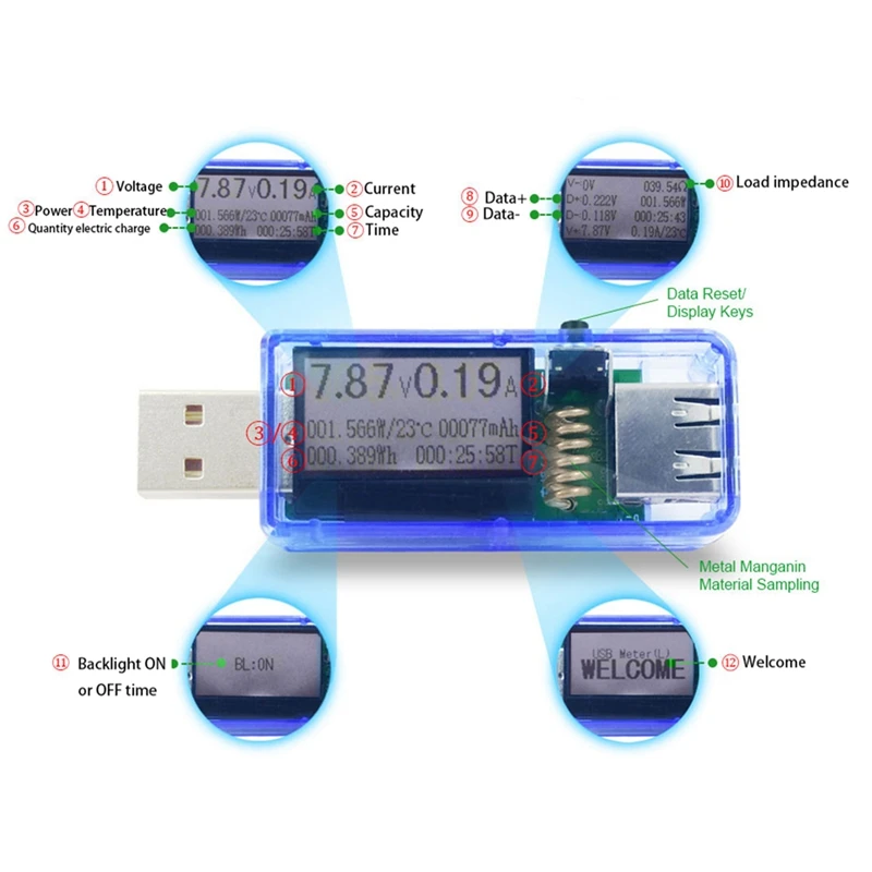 12 в 1 Usb Тестер Dc Цифровой вольтметр напряжение измеритель тока Амперметр детектор power Bank индикатор зарядного устройства синий корпус белый