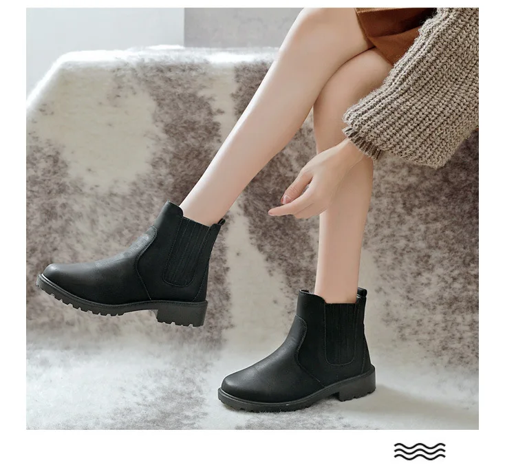 

Winter Square Heel Chelsea Boots Women Slip-On Round Toe Ankle Boots Casual PU Low Ladies Shoes