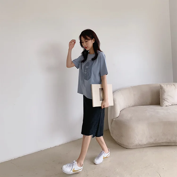 Abstract Print T-shirt Female Short Sleeve 2020 Summer New O-Neck Korean Women's Casual Tops Tees Harajuku
