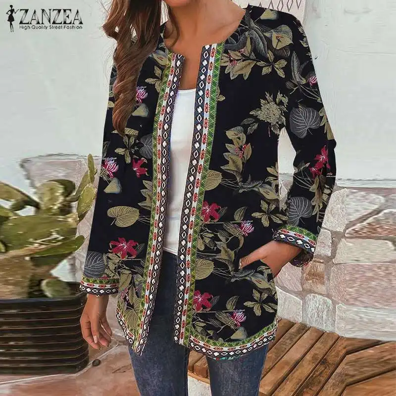 Outwear Jackets Cardigan Long-Sleeve Floral-Printed ZANZEA Vintage Bohemian Women Thin-Coat