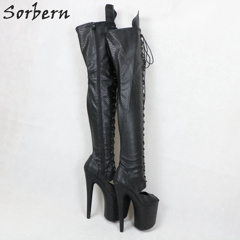 Sorbern/женские сапоги до бедра с открытым носком на высоком каблуке 20 см, на платформе и каблуке, для танцев на шесте, на заказ, на шнуровке