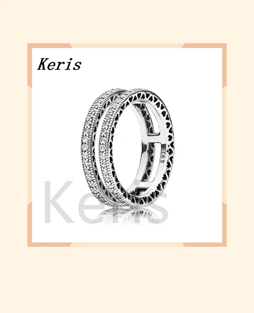 

Keris store 100% silver sterling 1:1 glamour double hearts of the original female ring jewelry wedding 196236cz