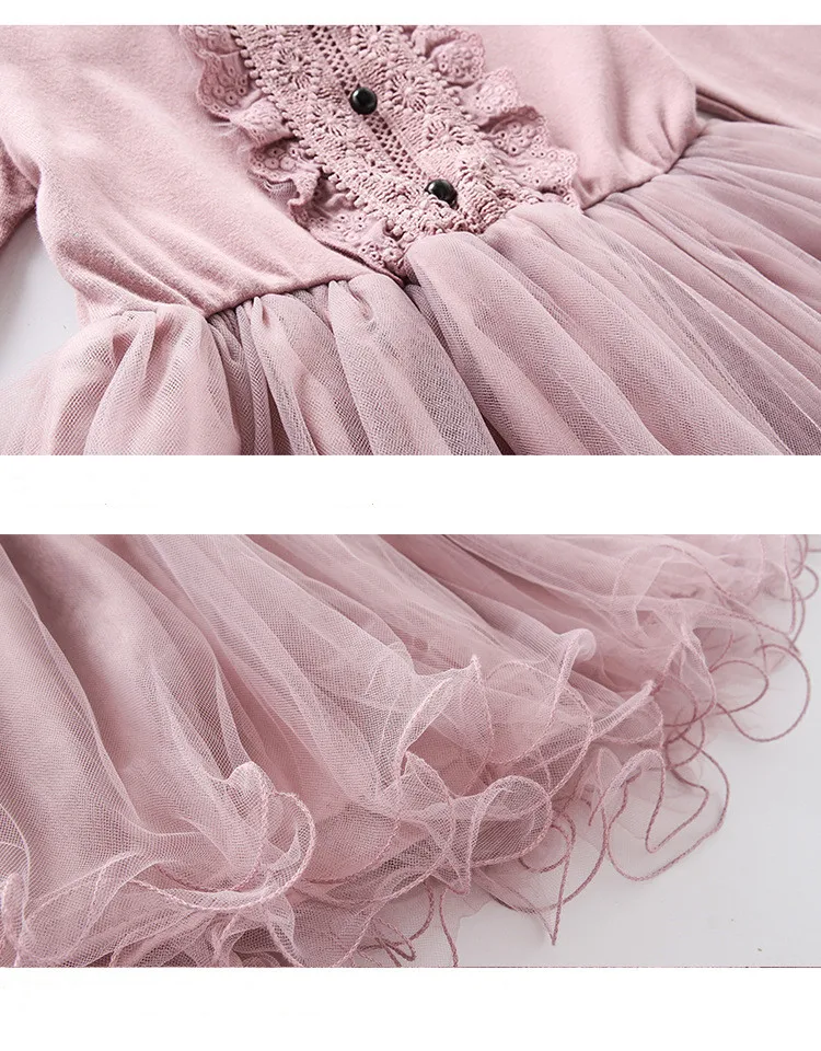 New Girls Dresses 2pcs Sets Kids Autumn Clothes Pearl Denim Vest Long Sleeve Lace Princess Dress Bow Pink Children Outfits Size