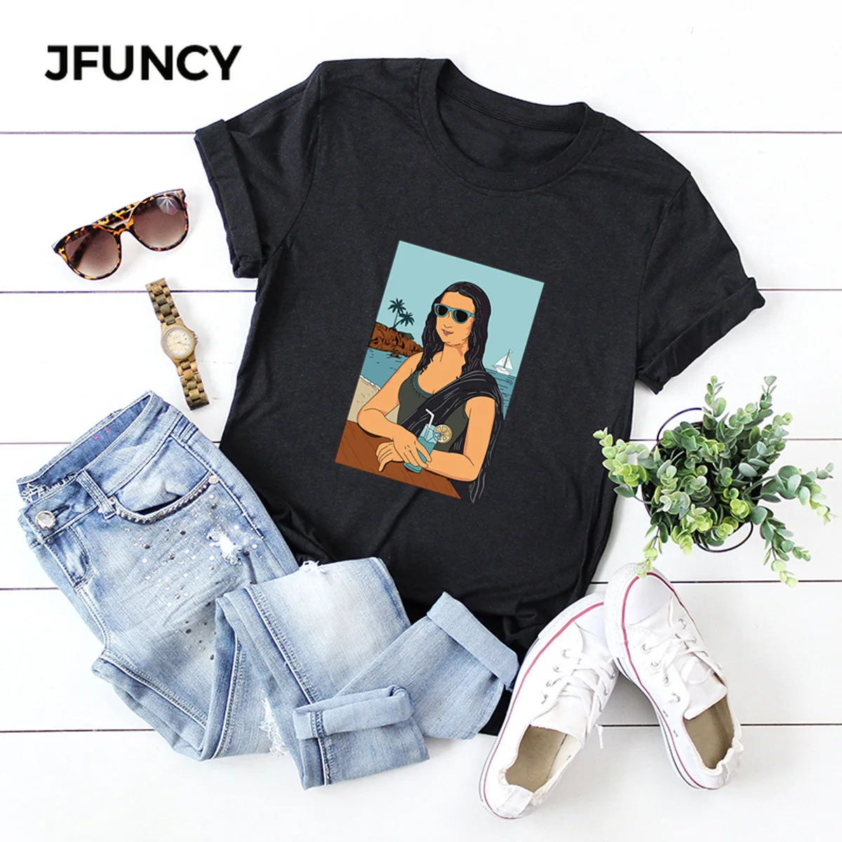 

JFUNCY 2020 100% Cotton Women T-Shirt Beauty Vacation Printed Tees Tops Summer Casual Tshirt Plus Size Short Sleeve Woman Shirts