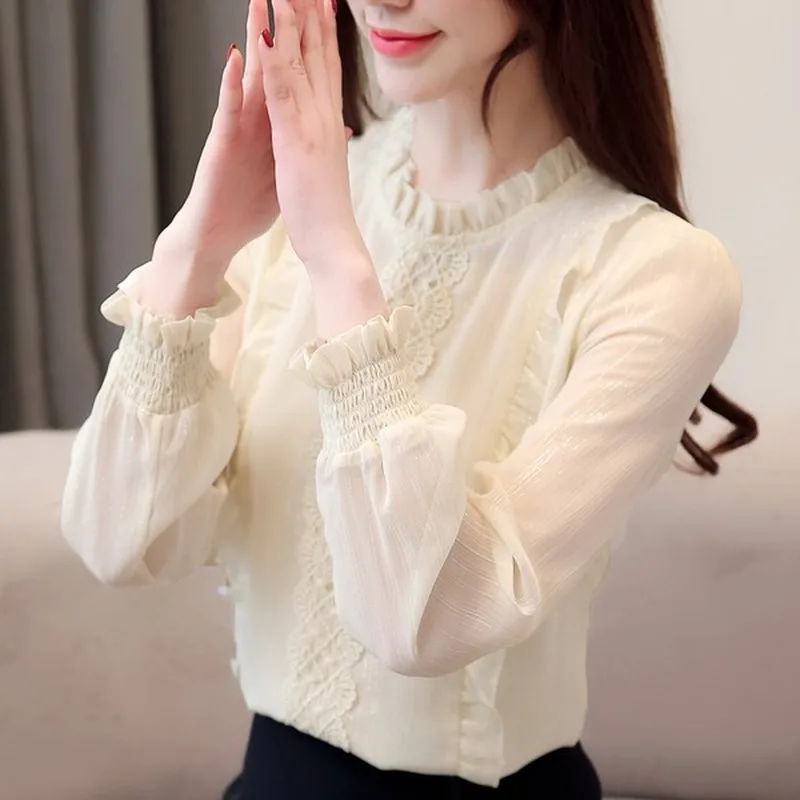 Nova Moda Mulheres de Outono Blusa Manga Longa Baforada Manga O-pescoCo Das Mulheres Roupas Soltas Mulheres
