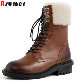 

ASUMER 2020 hot sale genuine leather shoes women ankle boots lace up thick fur winter shoes vintage warm snow boots woman