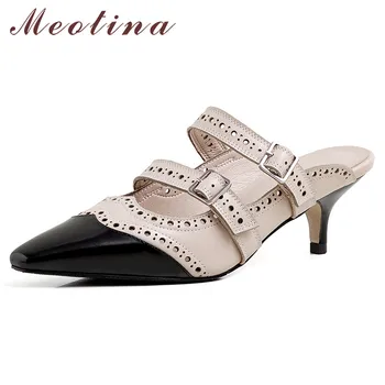 

Meotina High Heels Women Pumps Natural Genuine Leather Thin Heel Mules Shoes Real Leather Mixed Colors Buckle Shoes Lady Size 40