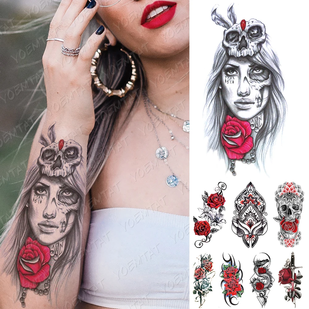 Waterproof Temporary Tattoo Sticker Skull Rose Girl Zombie Tattoos Rose Heart Arrow Body Art Arm Fake Sleeve Tatoo Women Men sloth vacation zombie portraits summer casual oversized hawaiian short sleeve shirts design top luxury harajuku blouses fashion