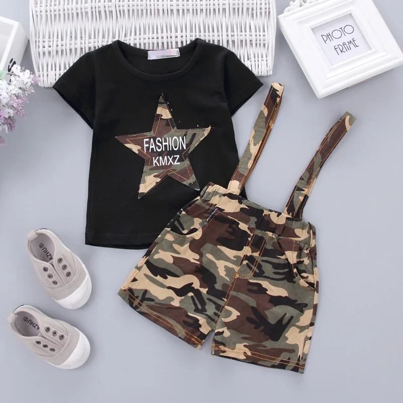 

Newborn Kid Baby boy Girl clothes set short sleeve Tshirt +Bib pants Camouflage Overall Button Pocket Toddler Cotton Outfit #25A