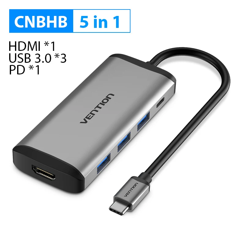 Vention USB C концентратор док-станция все в одном type C к Мульти USB 3,0 HDMI адаптер для MacBook Pro 13 Air USB-C 3,1 разветвитель порт type-C концентратор - Цвет: CNB 5 IN 1 Gray