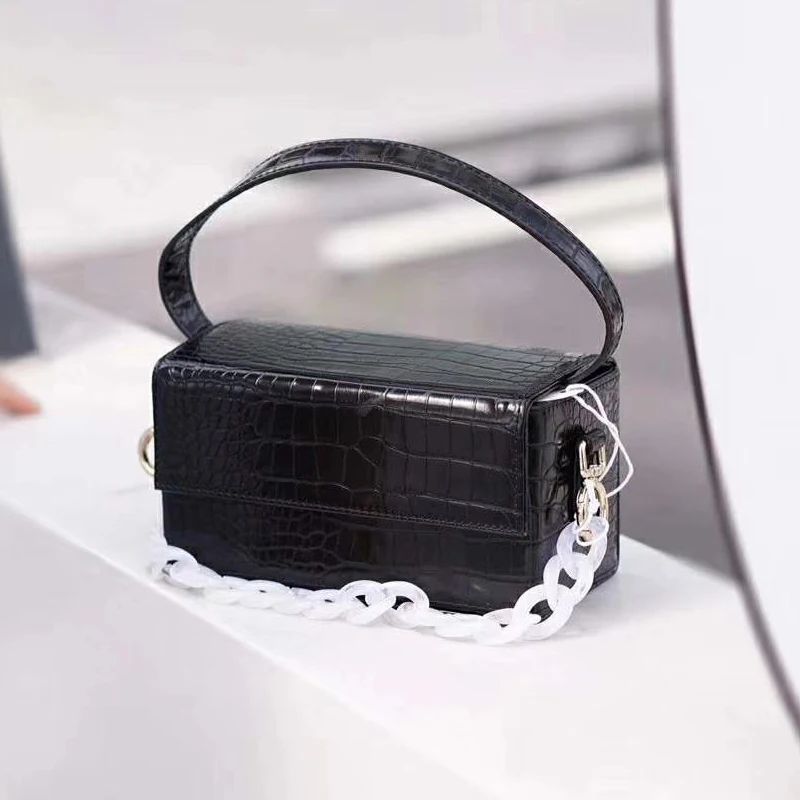 

New Clear Acrylic Chains Box Bag Women Summer Animal Print Crocodile Alligator Leather Totes Handbag 2019 Mesenger Crossbody Bag