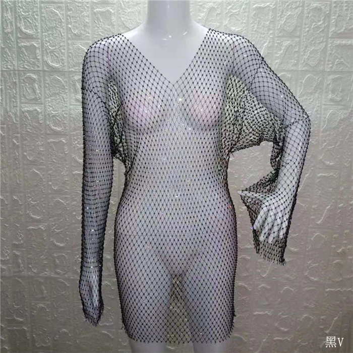 Black V Neck Блестящие стразы, женские сетчатые мини-платья с блестками, сексуальные сетчатые прозрачные вечерние Клубные платья с длинным рукавом - Цвет: Black V Neck