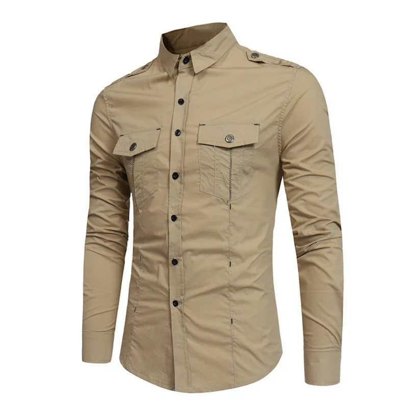 CYSINCOS, мужская рубашка с длинным рукавом,, высокое качество, одноцветная рубашка, hombre, повседневная, приталенная, деловые рубашки, Мужская сорочка, Homme - Цвет: Khaki