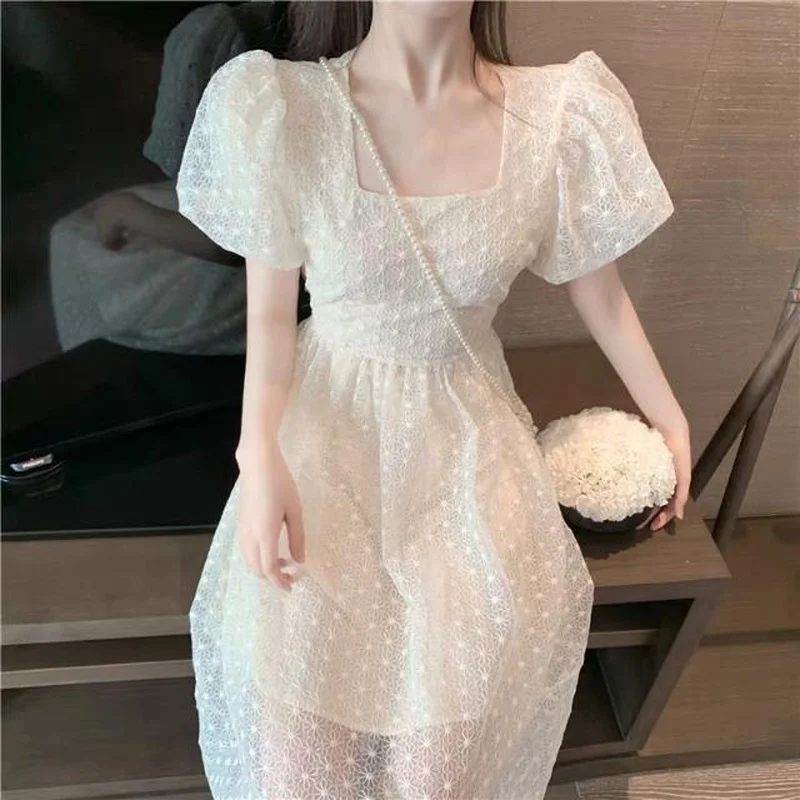 

Puff Sleeve Elegant Fairy Dress Women Square Collar Dot Bandage Dress Evening Party One Piece Dress Korean 2021 Summer