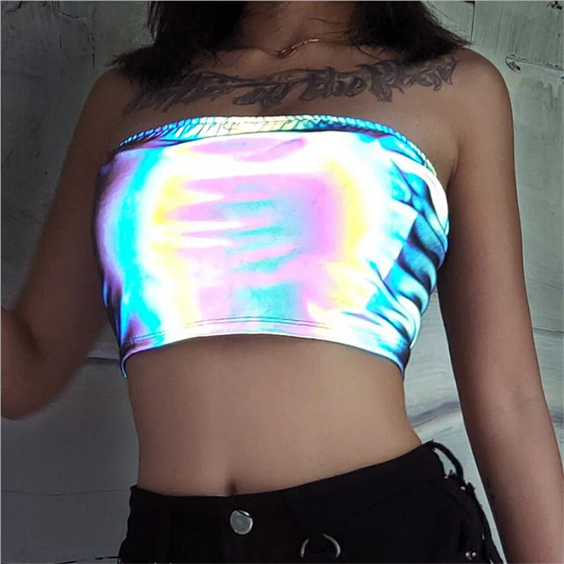 

2019 Women Reflective Tank Top Sexy Lace-up Back Tube Top Vest Cami Cropped Feminino Streetwear Party Evening Woman Tank Tops