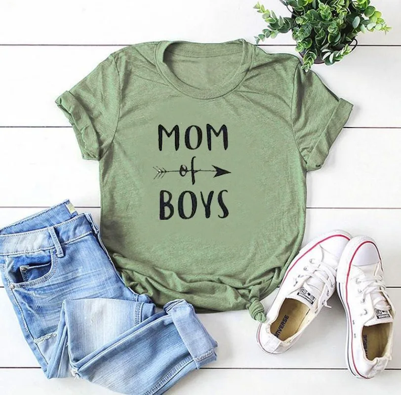 Camiseta con estampado de letras MOM OF BOYS para Mujer, blusa holgada de manga corta con cuello redondo, Camisetas para Mujer